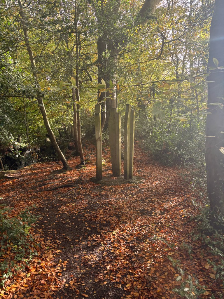 A sunlit forest path covered in fallen leaves, with several wooden posts standing upright among the trees.